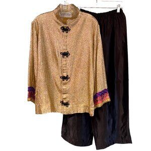Vintage Gold Chinese Tang Suit Coat with Satin Pants